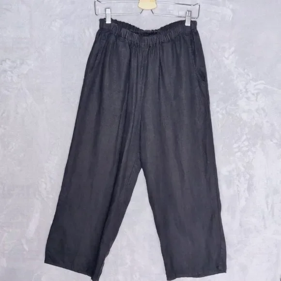 FLAX DESIGNS Black Linen Wide Leg Floods Pant Sz S Pull On Pockets Relaxed Ankle