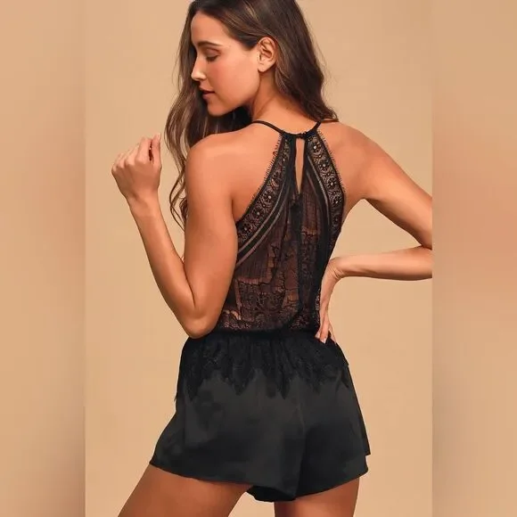 Lulus Promise of Romance‎ Black Satin Lace Romper