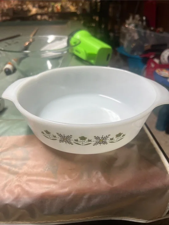 Vintage White Glass Serving Bowl with Green Floral Pattern