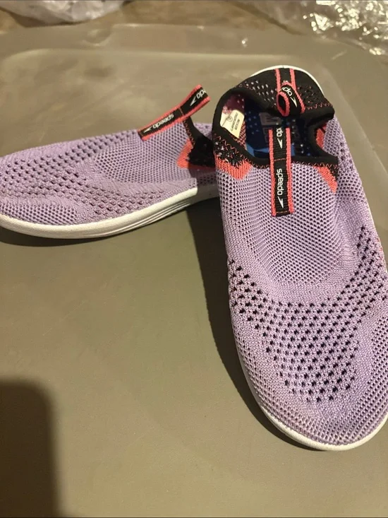 Speedo Lavender Knit Slip-On Water Shoes with Black & Coral Accents