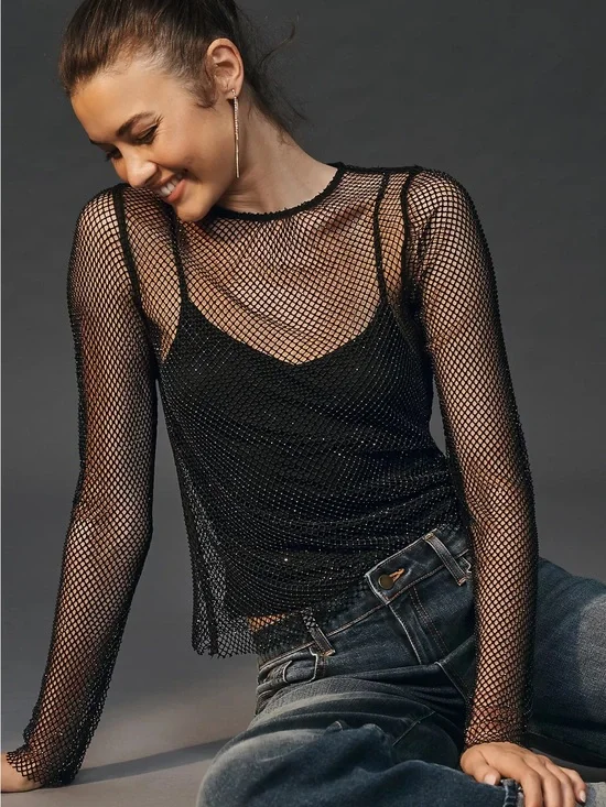 Anthropologie Black Beaded Mesh Top Long Sleeve Rhinestones Festival Y2K XXS