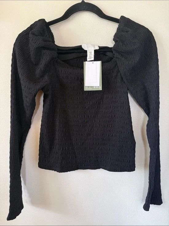 H&M Black Smocked Puff-Sleeve Long-Sleeve Top