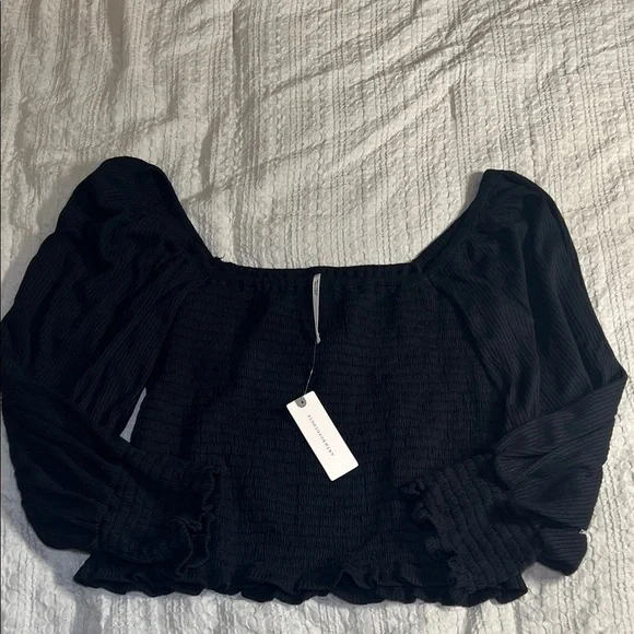 Anthropologie Black Smocked Blouse with long Sleeves off shoulder size S