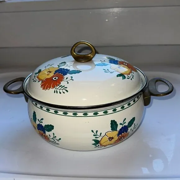 Vintage enamelware floral painted cooking pot with‎ brass handles