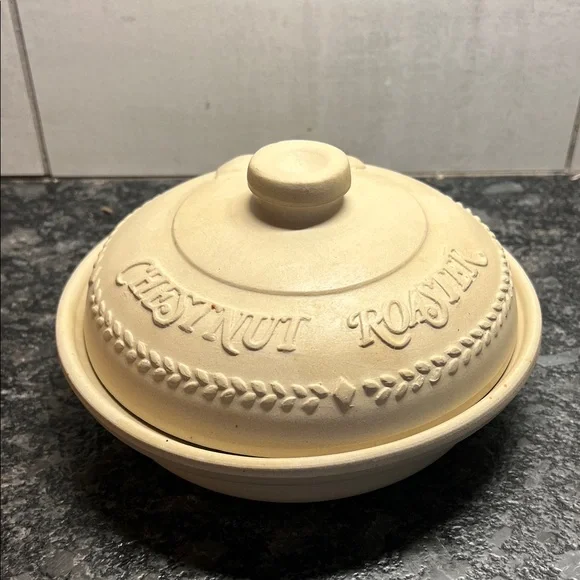 Chestnut Roaster Cream stoneware Pot with lid.