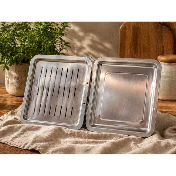 Vintage Square Stainless Steel Steamer Tray‎ Set Slotted and Solid Insert 12.5in