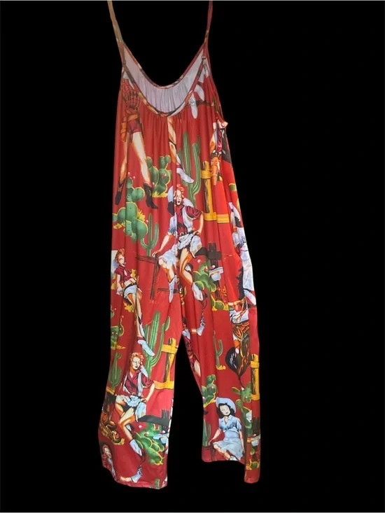EUC Retro Western Cowgirl Print Jumpsuit Wide Leg Cami Romper Red Size Large