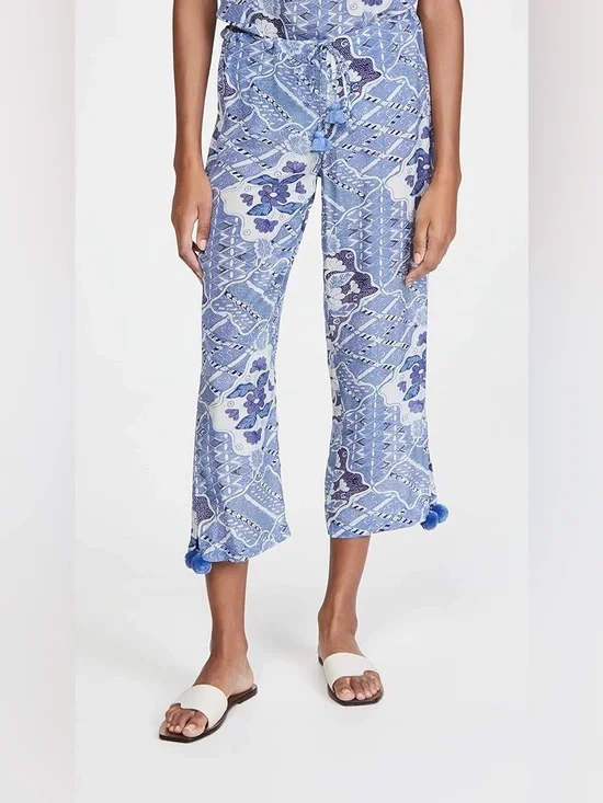 Figue Goa Drawstring Blue Wide Leg Pants Size L‎ Cropped High Rise Pompoms Trim