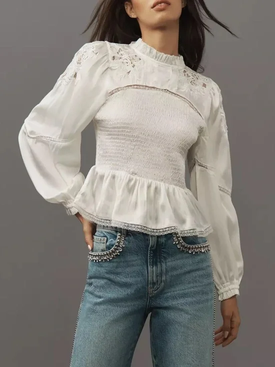 Anthropologie Long Sleeve White Smocked Boho Romantic Blouse size XL