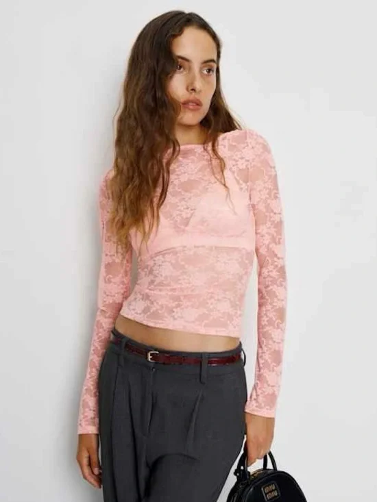 Reformation MEDIUM Adriano pink lace sheer knit long sleeve top
