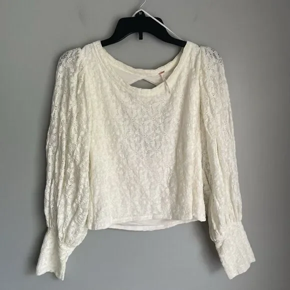 Free People Romantic Boho Shirt Size L Cream Long Puff Sleeve Floral Lace Crop