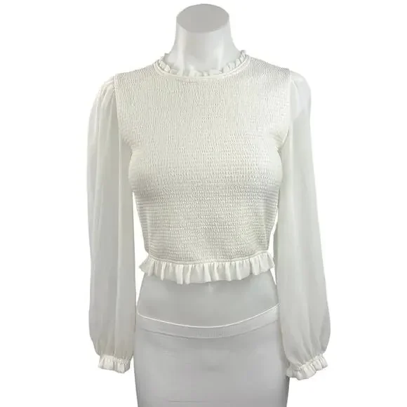 Aritzia Wilfred White Long Balloon Sleeve Smocked Mock Neck Blouse Top Size 2XS