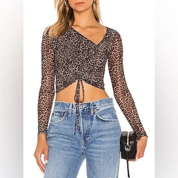 Revolve Superdown Destiny Ruched Mesh Top in Leopard Print Size Small