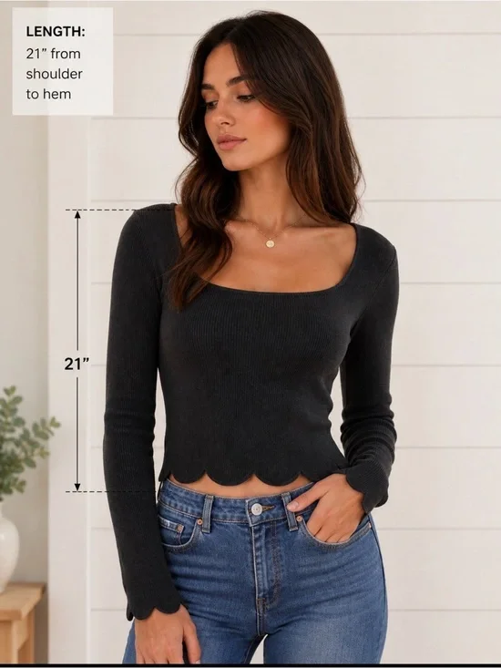 Anthropology S black ribbed scalloped wrist & hem 100% cotton top boho chic