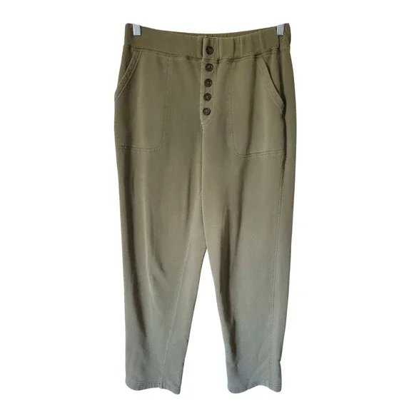 Marine Layer Womens Button Fly Joggers Olive Green Fleece Pants Size‎ M Cropped