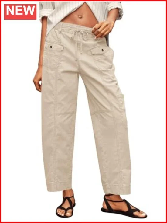 100% Cotton Cargo Pants Drawstring Elastic Waist Hiking Work Pants Multiple