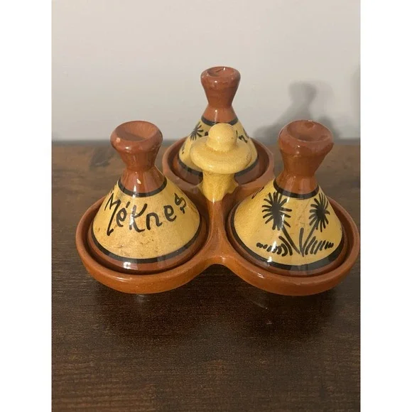 Vintage Pottery Three Spice Holder, Moroccan Tagine‎ Salt Pepper Cumin Curry