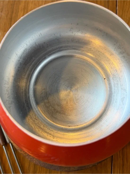 Vintage MCM Red Enamel Fondue Pot with Wooden Handle