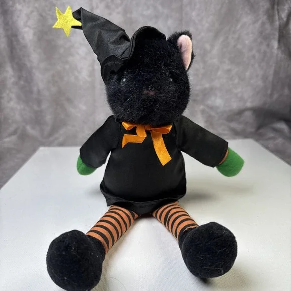 Vtg '91 Black Cat Witch Halloween Plush Shelf Sitter Doll 12