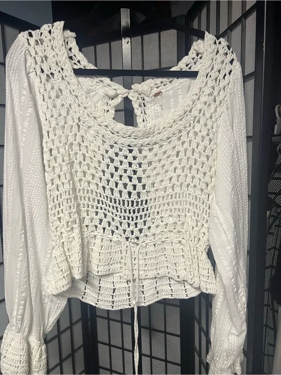 Free People White Crochet Peasant Crop Top