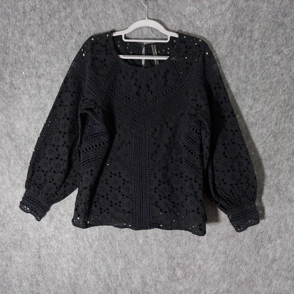 Anthropologie Women Blouse M Black Festival Eyelet Balloon Sleeve Crochet Tunic