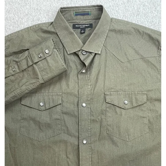 Banana Republic Shirt Mens Large Cotton Blend Stretch Slim Button Up Pearl Snap