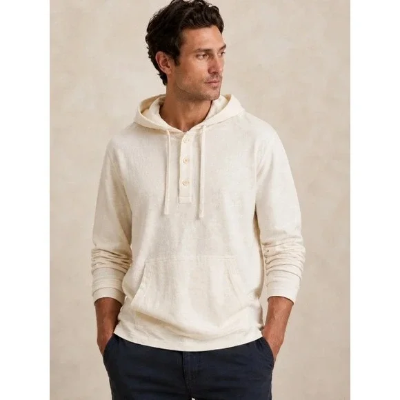 Banana Republic 100% Linen Hoodie Mens L Ivory Henley Pullover Beachy Coastal
