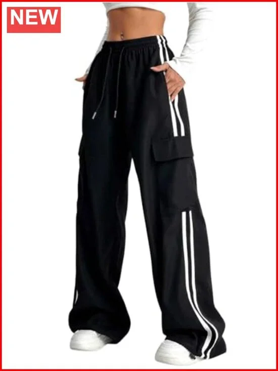 Baggy Straight Wide Leg Cargo Pants with Pockets Striped Joggers Athletic