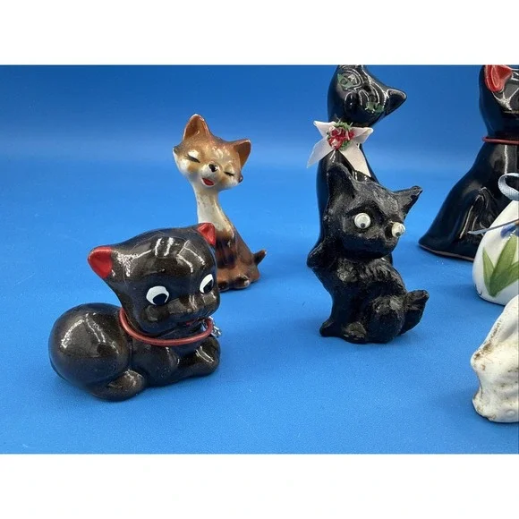 Vtg 7 Mini cat figurine 1 Elephant Porcelain Japan mid century kitty Cat