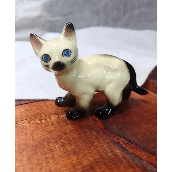 Vintage Siamese Cat Kitten Figurine Blue Rhinestone Eyes Ceramic Standing