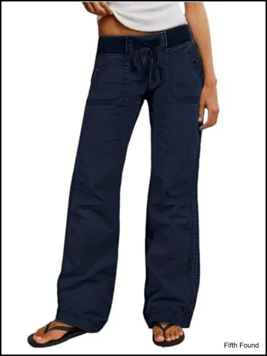 Women's Mid Rise Drawstring Waist Straight Leg Cotton Pants
