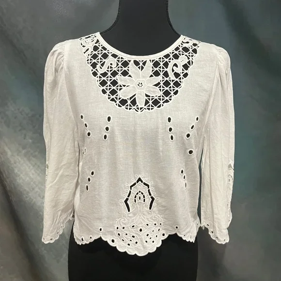 H&M White Linen Blend Eyelet Crochet Blouse 3/4 Puff Sleeve Scalloped Crop Top M
