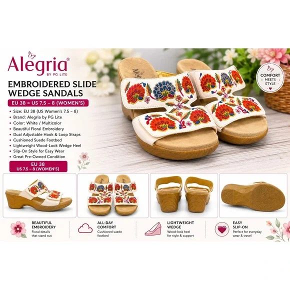 Alegria Embroidered Slide Wedge Sandals White Floral Leather boho festival 7.5