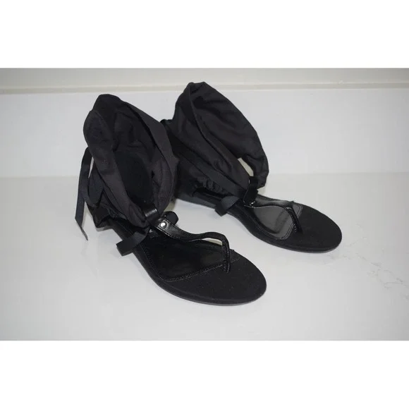 Chinese Laundry Z-Sudoku Black Fabric Ankle Wrap Thong Wedge Sandals Womens 9.5M