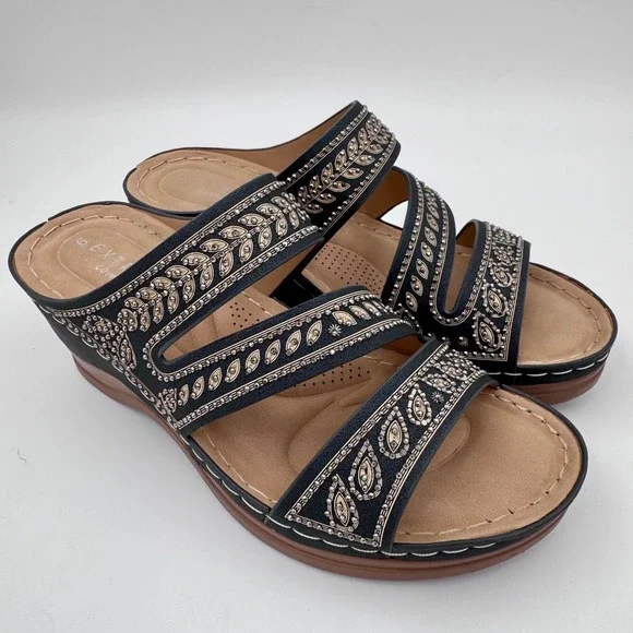 Extreme Comfort Womens Navy Blue Embroidered Wedge Slide Sandals Size 6 EU 36‎