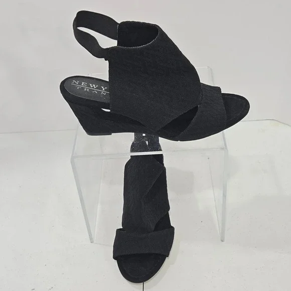 New York Transit Womens Black Wedge Sandals Slingback Open Toe Shoes Size 10M