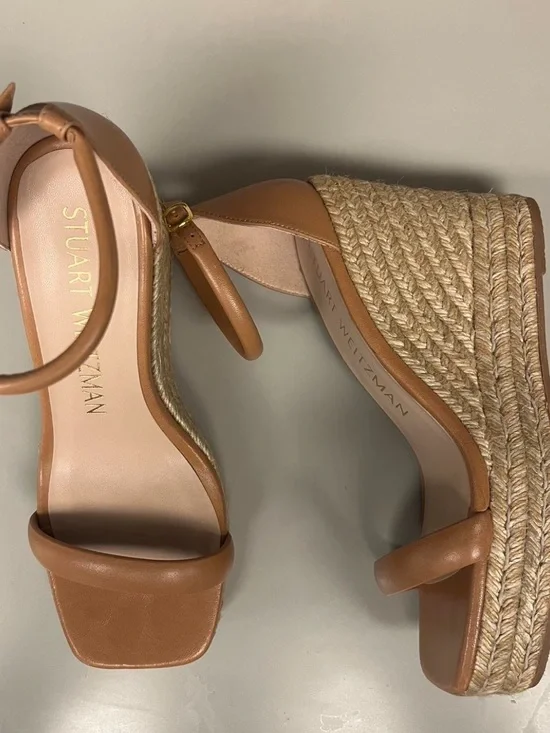 Stuart Weitzman Cognac Leather Espadrille Wedge Sandals