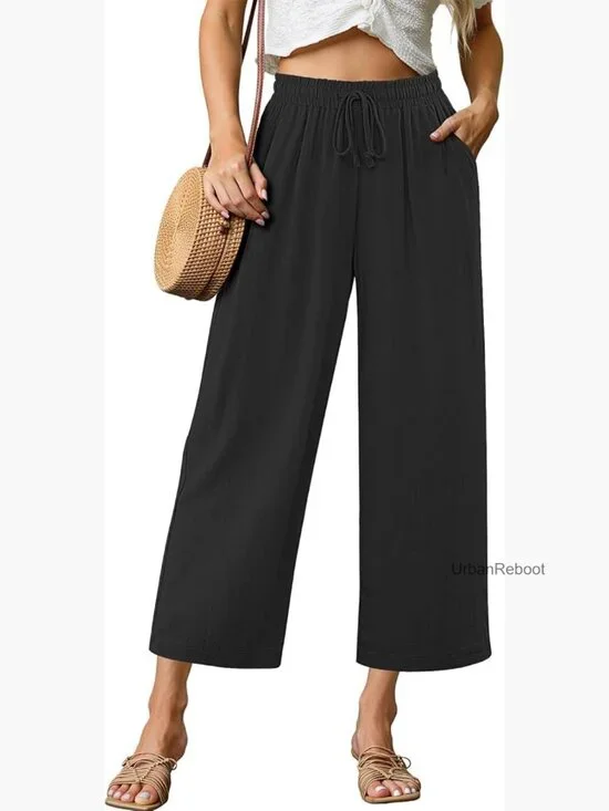 High Waisted Wide Leg Capri Linen Pants Elastic Waist Summer