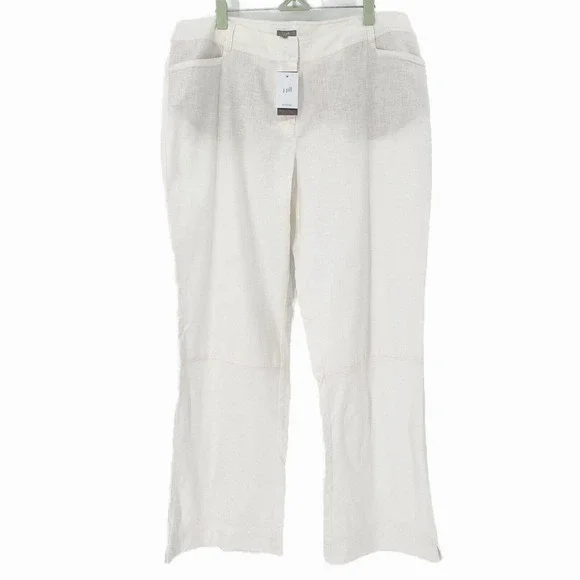 J.Jill Linen Straight Pants Sz 14 White Seamed High Rise Flat Front Pockets‎ NWT