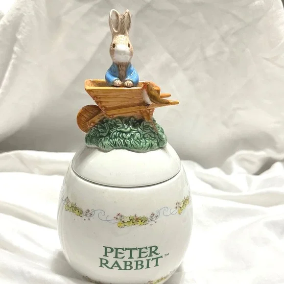 Peter Rabbit Cookie Jar White Excellent Ceramic Egg Wheelbarrow Jar Easter