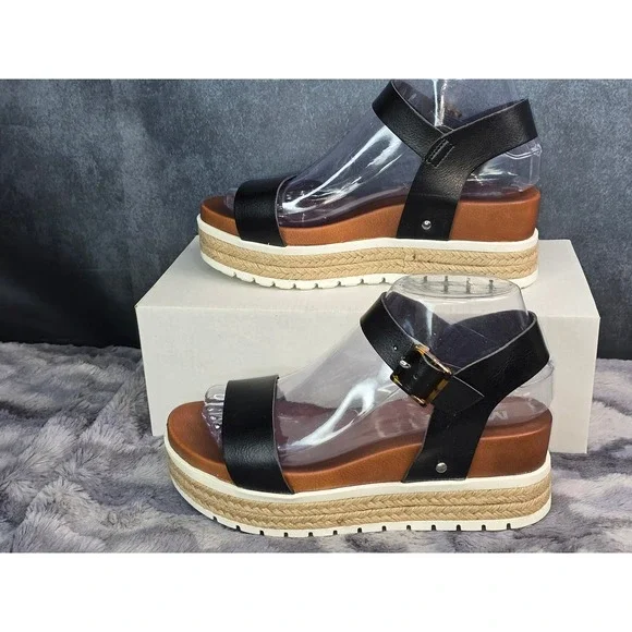 NEW MIA Kiera Platform Wedge Sandals Black Espadrille Ankle Strap Women Size 7