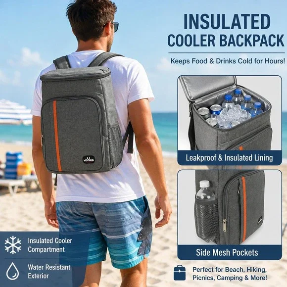 Weyoung Insulated Cooler Backpack Gray Orange Leakproof Water Resistant Hiking