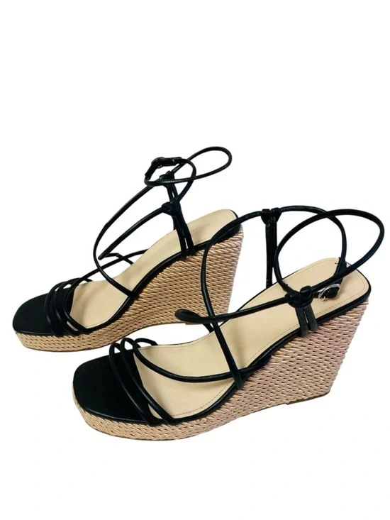 Marc Fisher Zarah wrap Ankle Strap Wedge Platform Sandals Woven Black size 7