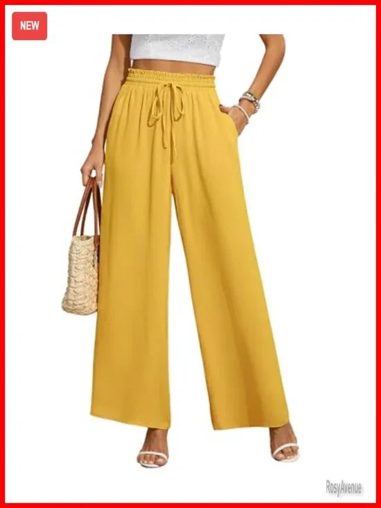 Wide Leg Pants with Pockets, Elastic Waist, Tie Knot, Flowy Casual Pant