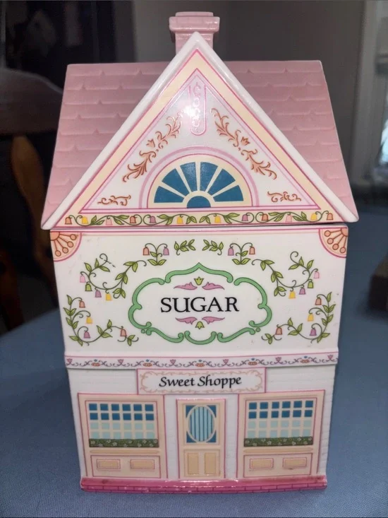 1990 Lenox Sugar Sweet Shoppe Ceramic House Canister - Pink & White