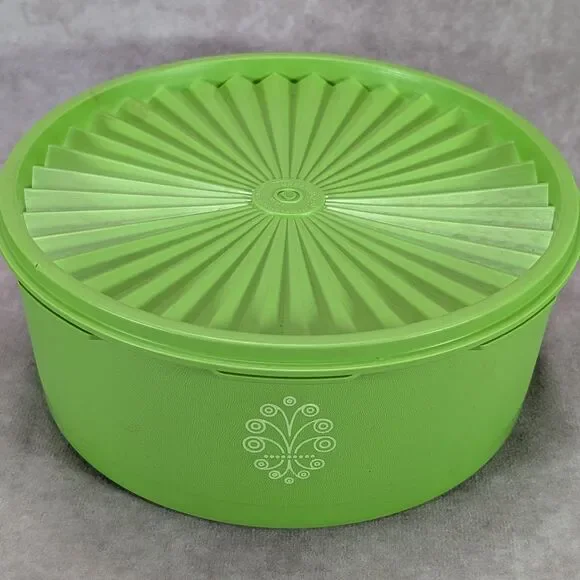 Vintage Tupperware Servalier Green Bowl 1204 White Scroll Graphic Starburst Lid