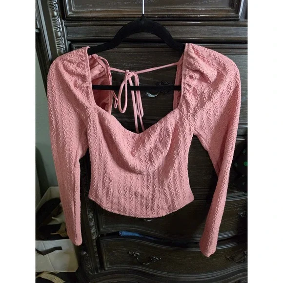 Free People Pink Textured Puff Sleeve Tie Back Crop Top XS OB1434914