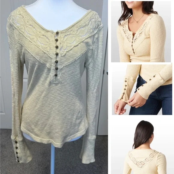 Free People Cream Lace Button Come on Over Stretch Henley Sz Large (Sm/Med)