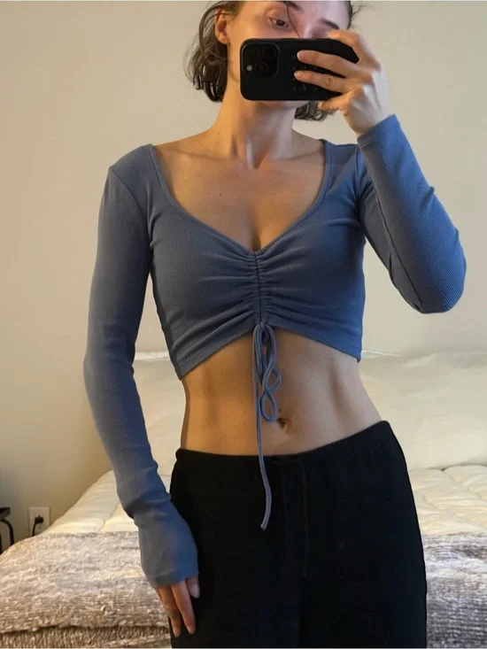 Zara Dusty Blue Ruched Tie-Front Long Sleeve Crop Top