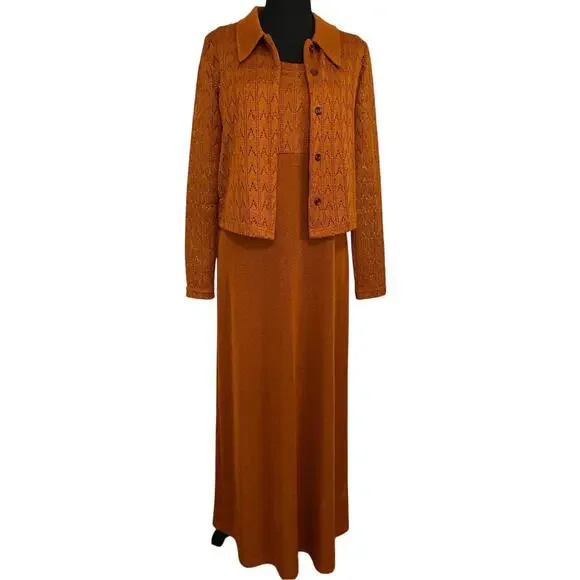 Citi‎ Dress Vintage 90s Burnt Orange Pointelle Knit Maxi Dress & Cardigan Set 10